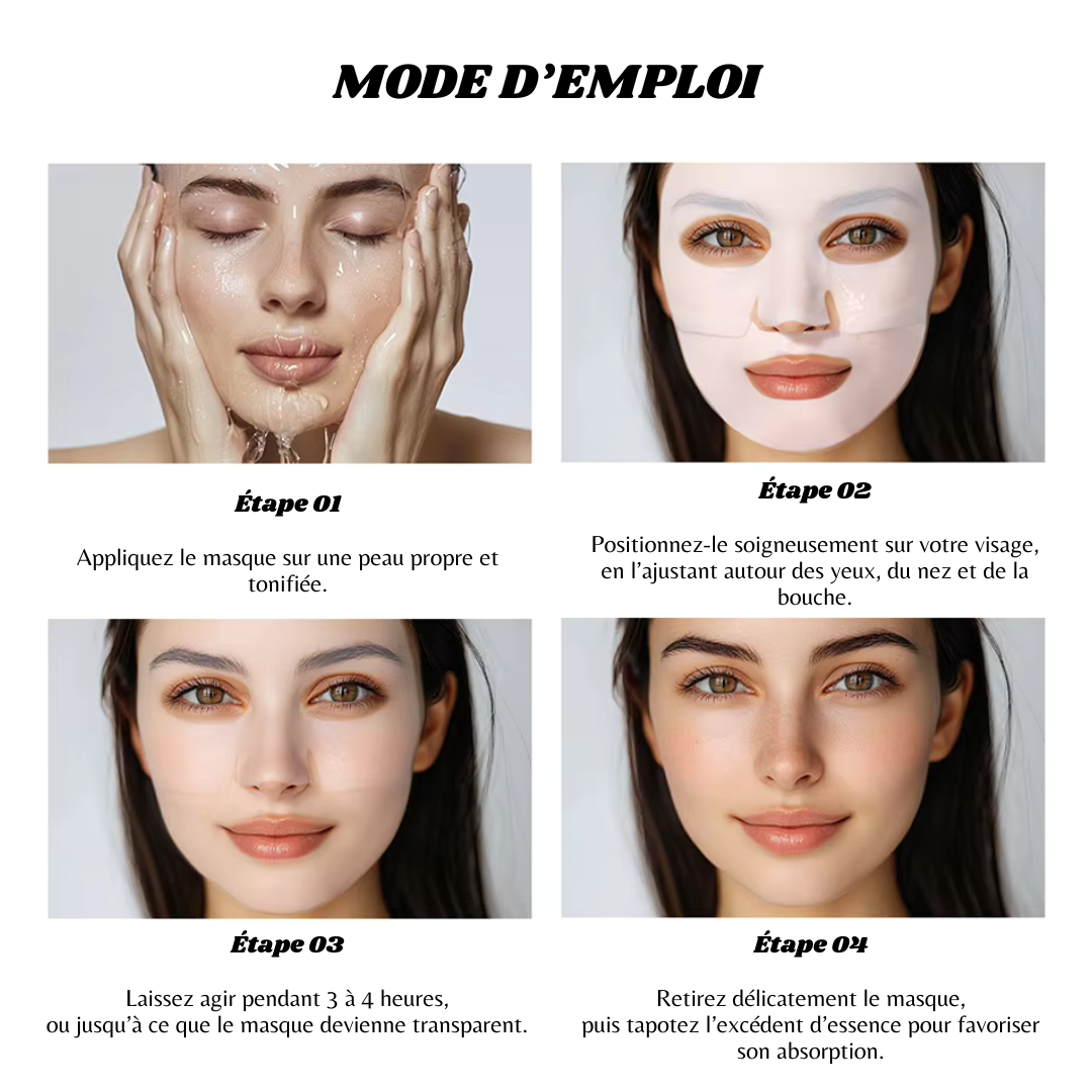 "Masque visage collagène bio, texture légère, hydratation intense, peau raffermie et pores réduits, soin inspiré coréen."