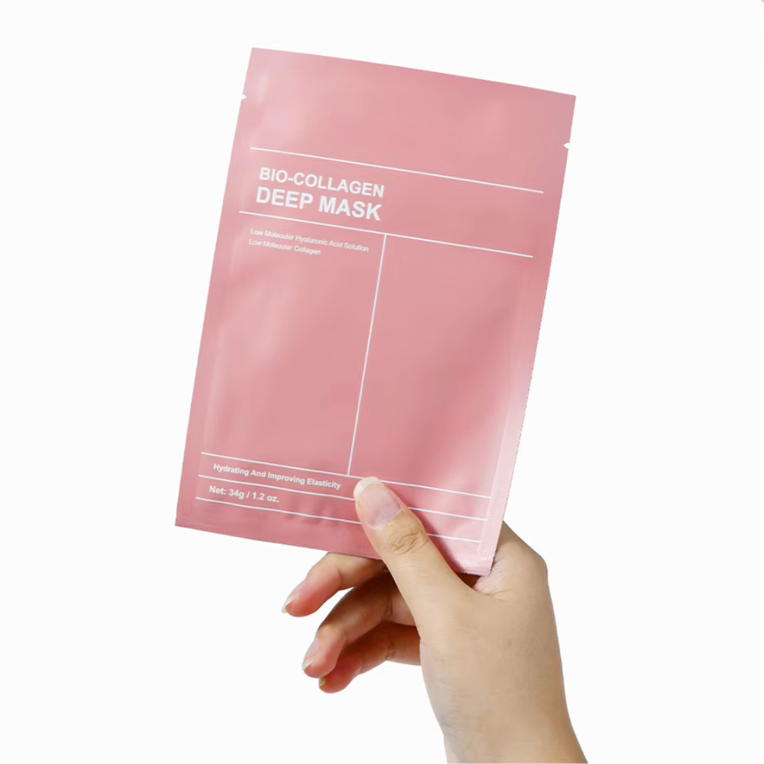 "Masque visage collagène bio, texture légère, hydratation intense, peau raffermie et pores réduits, soin inspiré coréen."