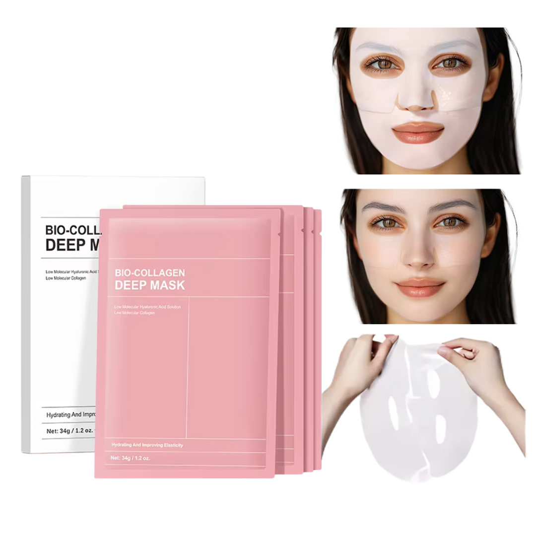 "Masque visage collagène bio, texture légère, hydratation intense, peau raffermie et pores réduits, soin inspiré coréen."