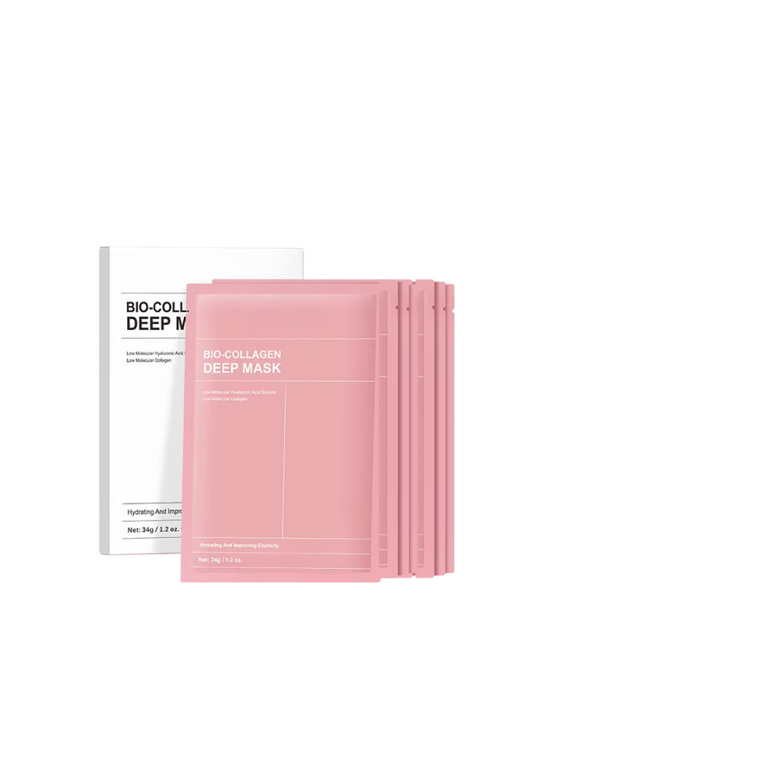 "Masque visage collagène bio, texture légère, hydratation intense, peau raffermie et pores réduits, soin inspiré coréen."