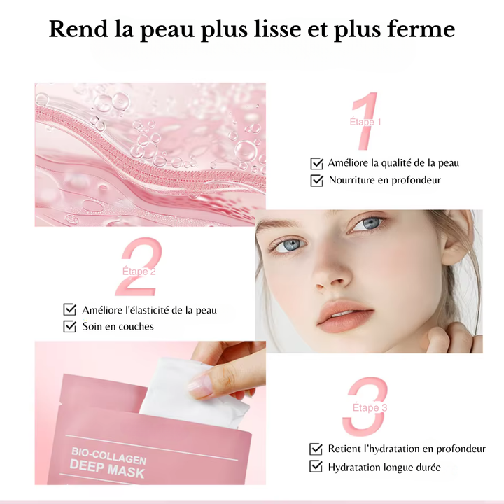 "Masque visage collagène bio, texture légère, hydratation intense, peau raffermie et pores réduits, soin inspiré coréen."