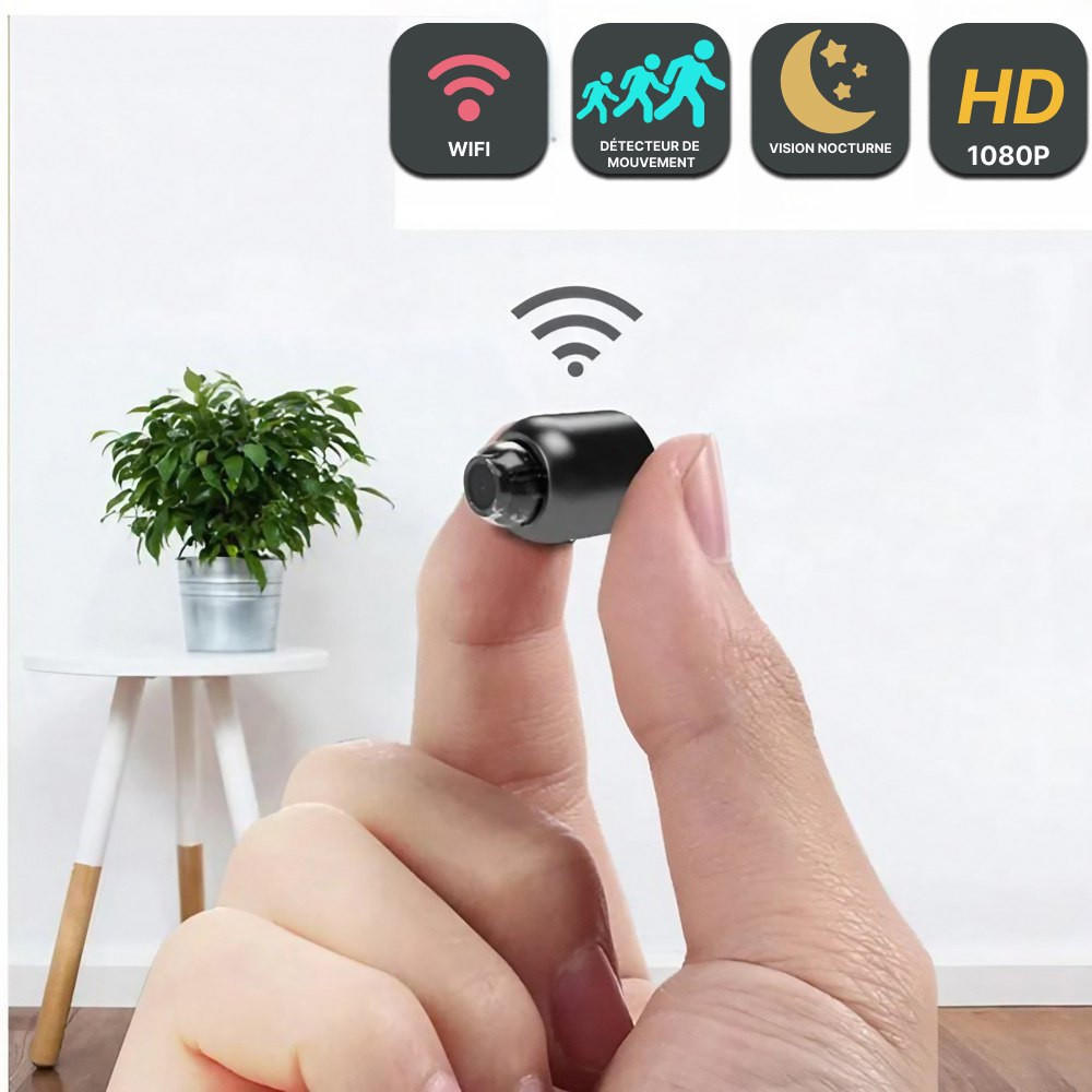 Mini caméra espion WiFi HD, surveillance discrète.  Vision nocturne, détection de mouvement. Installation facile.