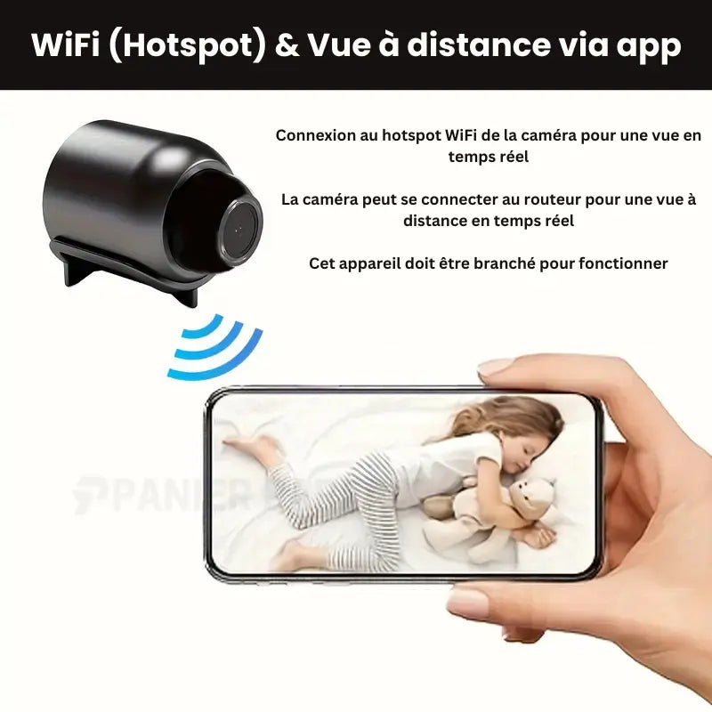 Mini caméra espion WiFi HD, surveillance discrète.  Vision nocturne, détection de mouvement. Installation facile.