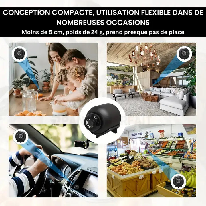 Mini caméra espion WiFi HD, surveillance discrète.  Vision nocturne, détection de mouvement. Installation facile.