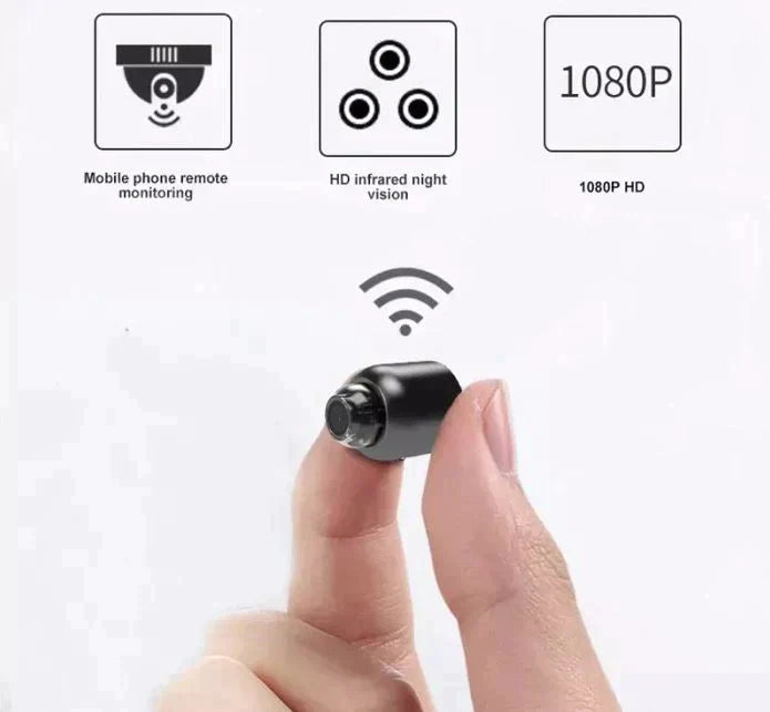 "Mini caméra WiFi compacte, noire, avec vision nocturne HD et détection de mouvement, angle de vue 150° pour la sécurité."