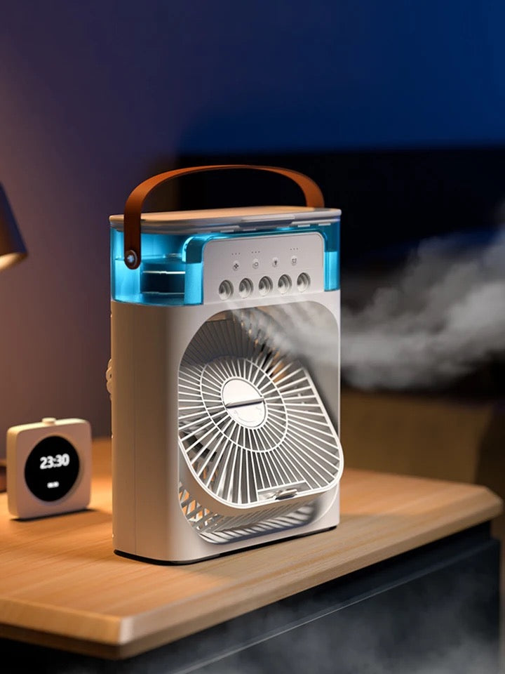 Mini climatiseur portable USB rechargeable. Refroidissement personnel compact et élégant. Idéal maison, bureau.