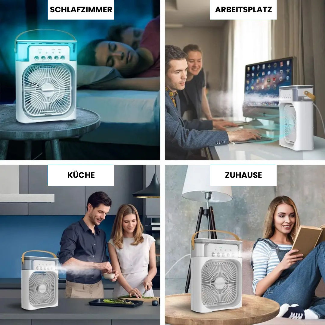 Mini climatiseur portable USB rechargeable. Refroidissement personnel compact et élégant. Idéal maison, bureau.