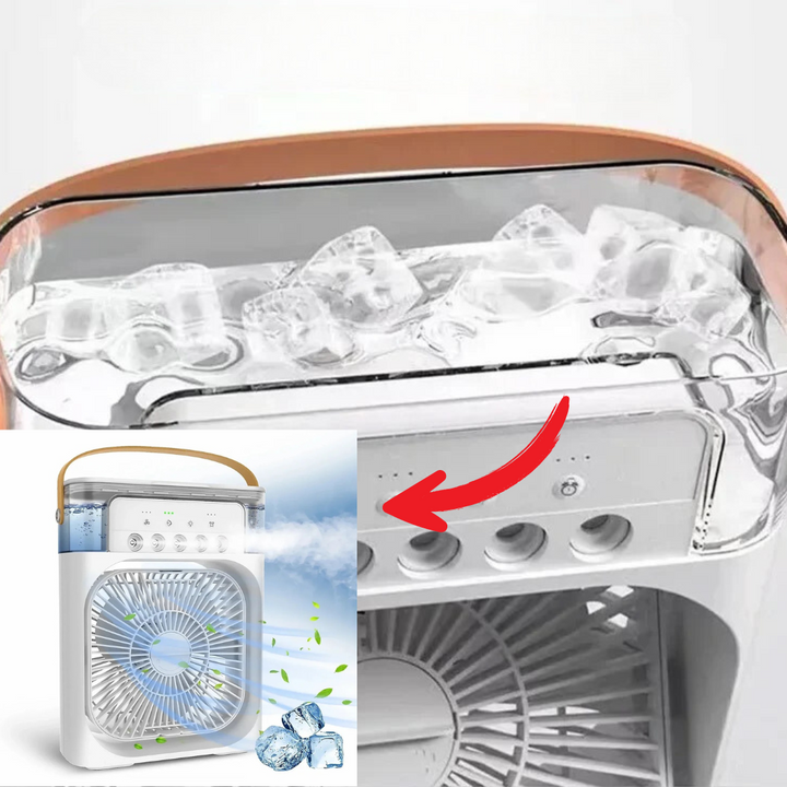Mini climatiseur portable USB rechargeable. Refroidissement personnel compact et élégant. Idéal maison, bureau.