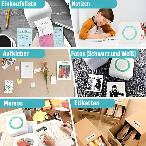 Mini-imprimante sans fil compacte. Impression thermique sans encre, idéale photos, notes, listes.  Design portable.
