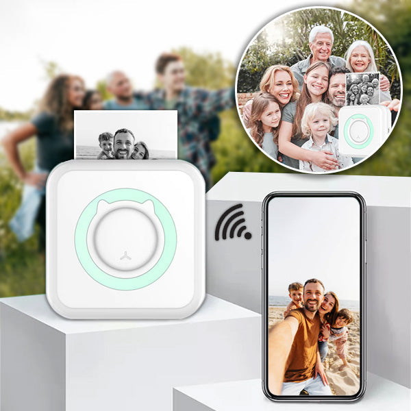 Mini-imprimante sans fil compacte. Impression thermique sans encre, idéale photos, notes, listes.  Design portable.