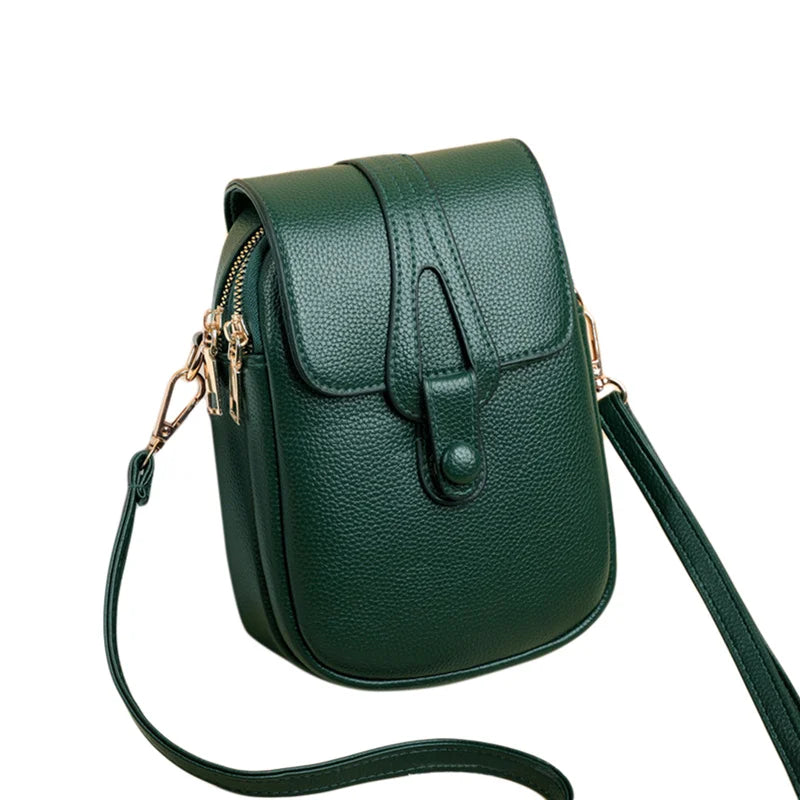 Sac bandoulière compact pour femme, porte-téléphone discret et stylé, cuir synthétique.