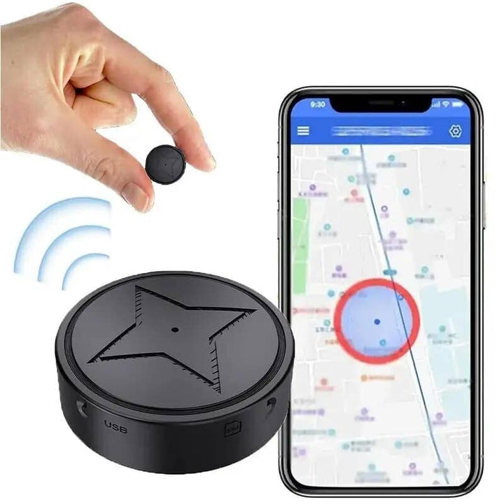 "Mini traqueur GPS compact noir avec micro intégré pour une localisation précise, fixé via une attache magnétique puissante."