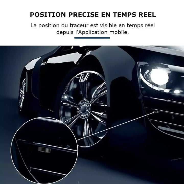 "Mini traqueur GPS compact noir avec micro intégré pour une localisation précise, fixé via une attache magnétique puissante."
