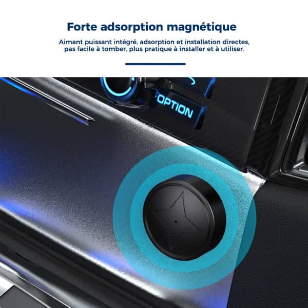 "Mini traqueur GPS compact noir avec micro intégré pour une localisation précise, fixé via une attache magnétique puissante."