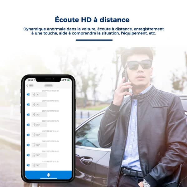 "Mini traqueur GPS compact noir avec micro intégré pour une localisation précise, fixé via une attache magnétique puissante."