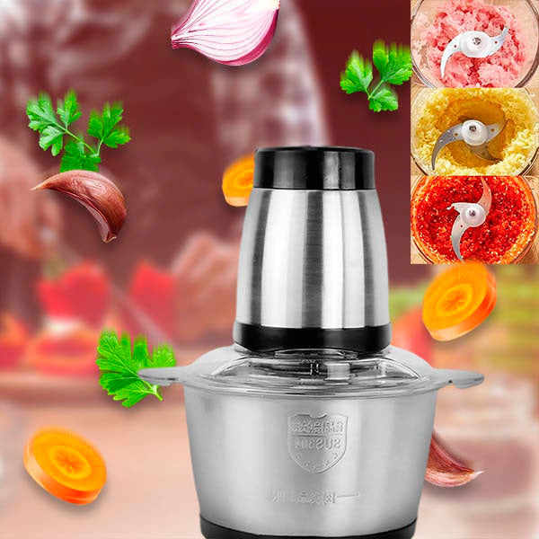 "Mixeur en acier inoxydable puissant, idéal pour hacher viande et légumes, vue de face montrant design robuste et moderne."