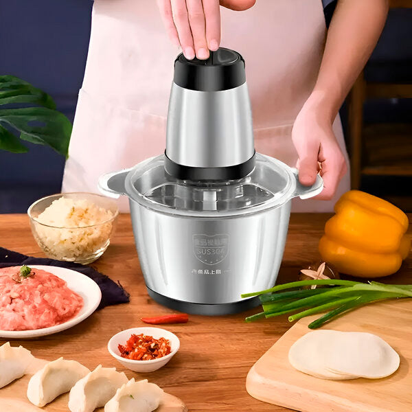"Mixeur en acier inoxydable puissant, idéal pour hacher viande et légumes, vue de face montrant design robuste et moderne."