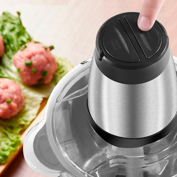 "Mixeur en acier inoxydable puissant, idéal pour hacher viande et légumes, vue de face montrant design robuste et moderne."
