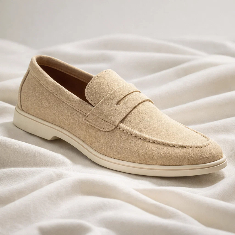 Mocassins hommes à enfiler en daim beige, élégance et confort garantis pour une tenue décontractée chic.