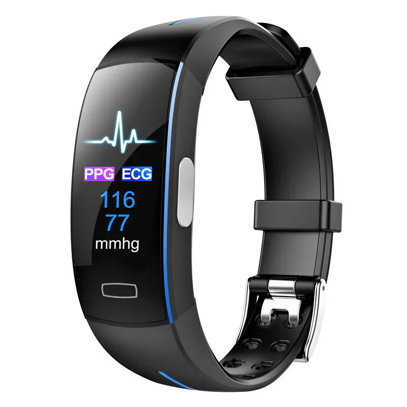 Moniteur intelligent santé, écran OLED 0,96", bracelet silicone noir/bleu. Suivi cardiaque & tension pour bien-être actif.