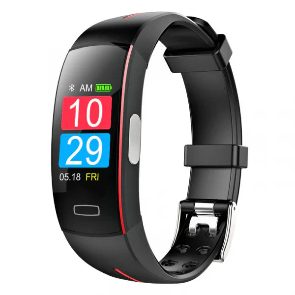 Moniteur intelligent santé, écran OLED 0,96", bracelet silicone noir/bleu. Suivi cardiaque & tension pour bien-être actif.