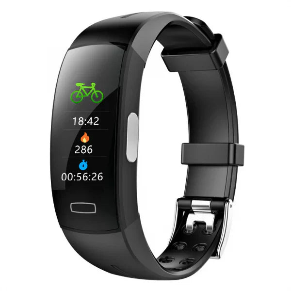 Moniteur intelligent santé, écran OLED 0,96", bracelet silicone noir/bleu. Suivi cardiaque & tension pour bien-être actif.