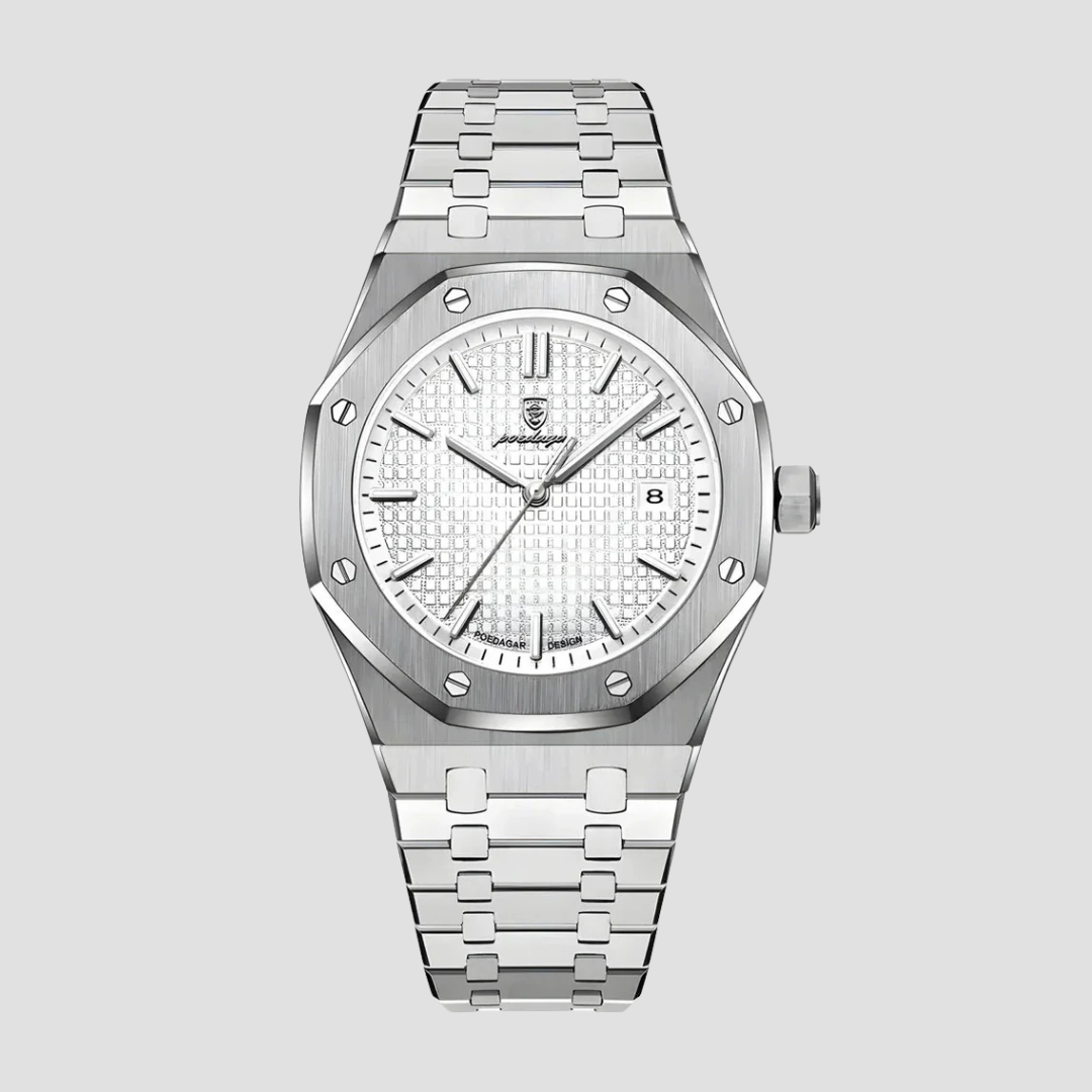 "Montre classique moderne en acier inoxydable, boîtier de 41 mm, bracelet intégré, verre saphir résistant aux rayures."