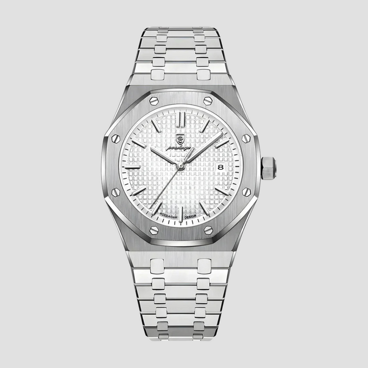 "Montre classique moderne en acier inoxydable, boîtier de 41 mm, bracelet intégré, verre saphir résistant aux rayures."