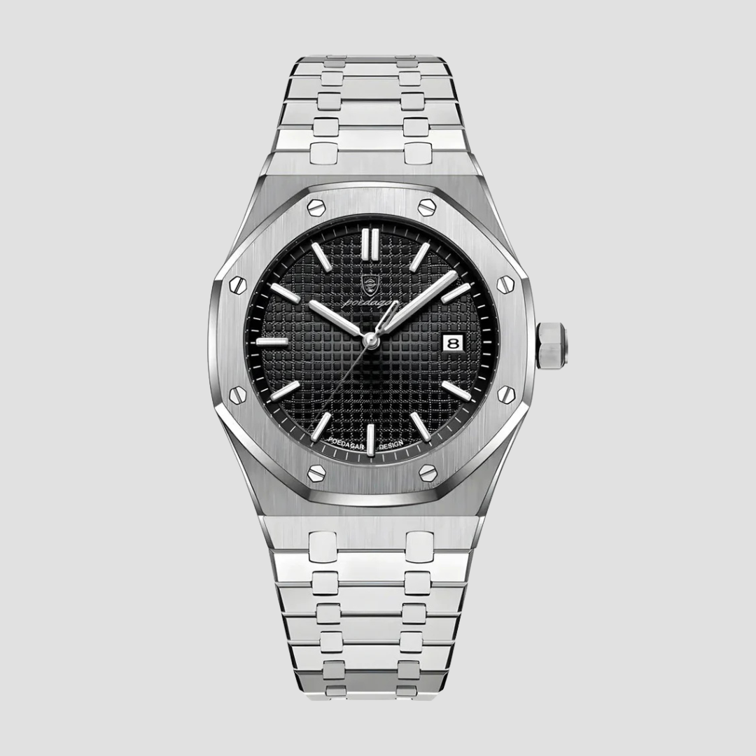 "Montre classique moderne en acier inoxydable, boîtier de 41 mm, bracelet intégré, verre saphir résistant aux rayures."