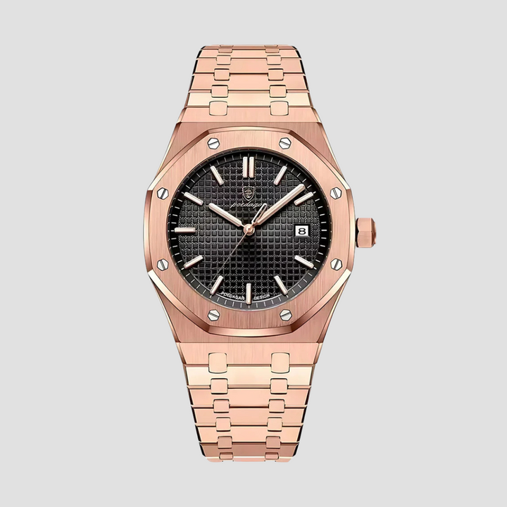"Montre classique moderne en acier inoxydable, boîtier de 41 mm, bracelet intégré, verre saphir résistant aux rayures."