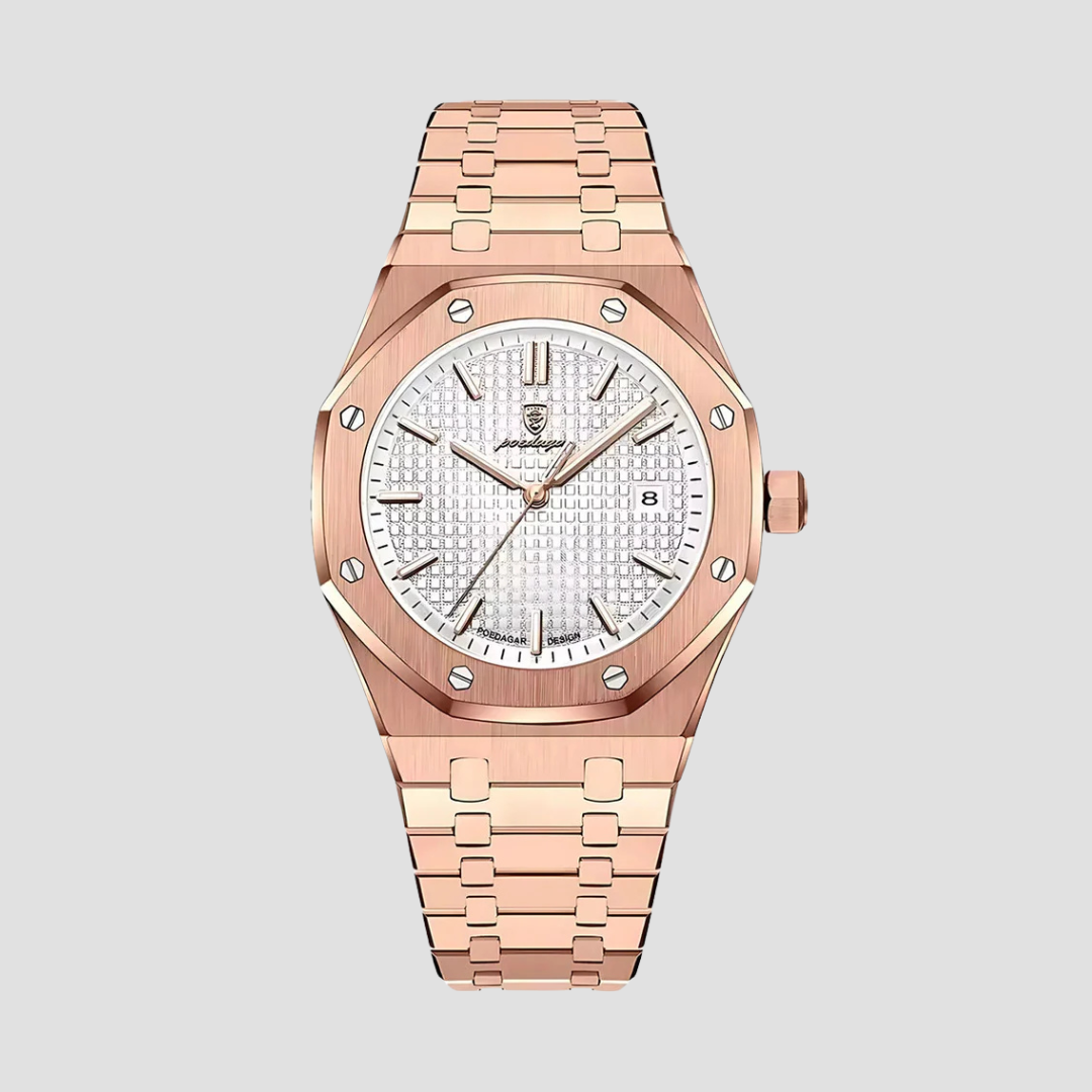 "Montre classique moderne en acier inoxydable, boîtier de 41 mm, bracelet intégré, verre saphir résistant aux rayures."