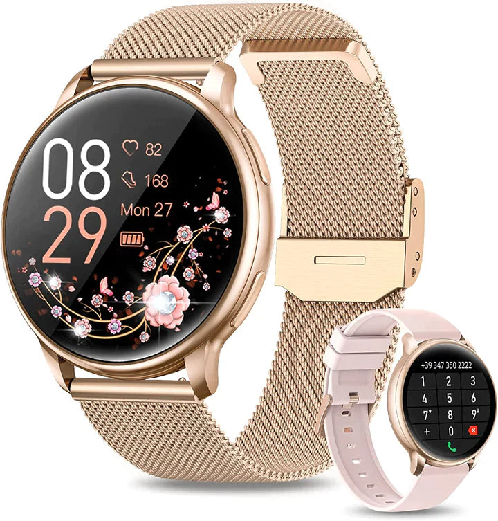 Montre connectée femme élégante, écran tactile, bracelet fin, technologie avancée pour suivi santé et bien-être.