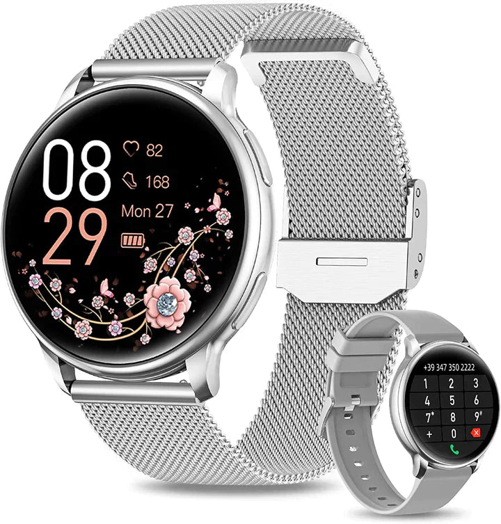 Smartwatch femme pour fitness, suivi activité, pas, calories, fréquence cardiaque. Bracelet confortable et stylé.