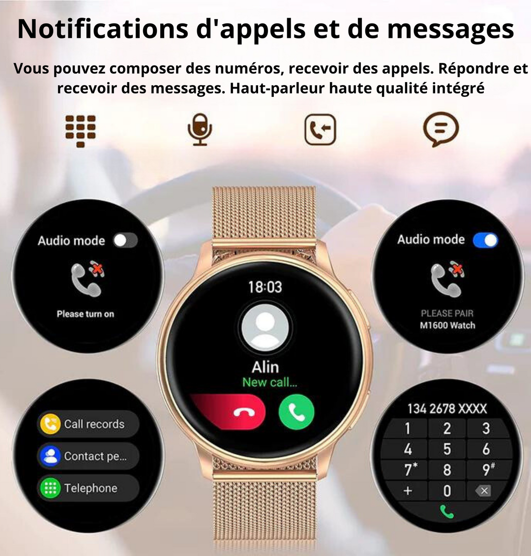 Écran tactile couleur de montre connectée femme affichant données de santé, notifications, interface utilisateur intuitive.