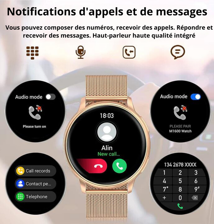 Écran tactile couleur de montre connectée femme affichant données de santé, notifications, interface utilisateur intuitive.