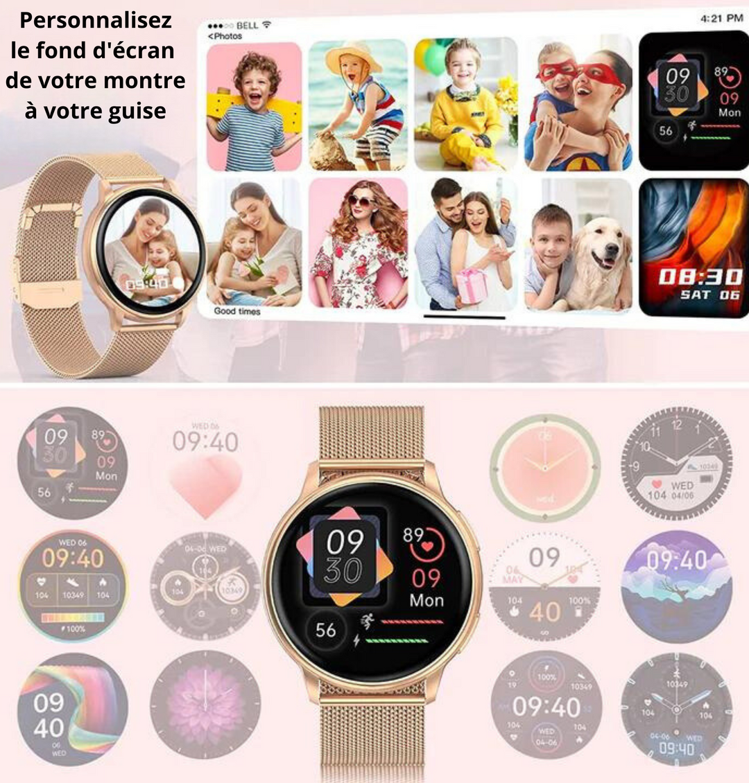 Femme active portant une montre connectée élégante au poignet, intégrant technologie et style pour son quotidien.