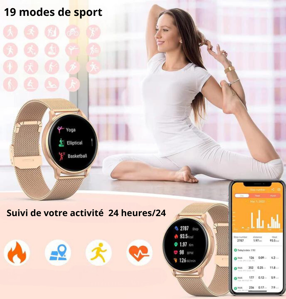 Montre connectée féminine au design moderne, bracelet interchangeable, alliance parfaite entre mode, santé et tech.