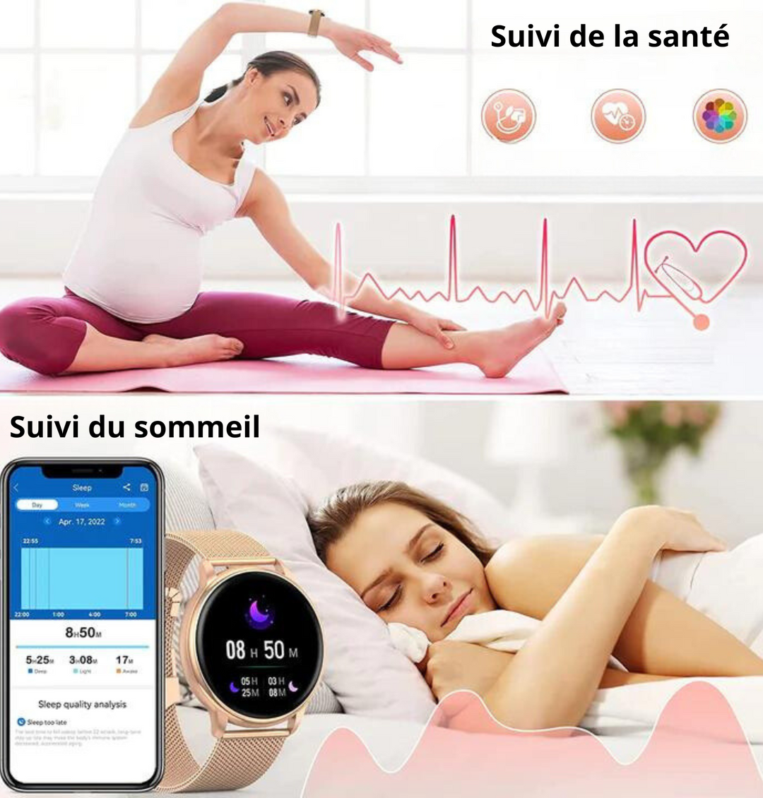 Smartwatch femme avec capteurs avancés pour suivi de santé: sommeil, stress, oxygène. Bien-être et performance.