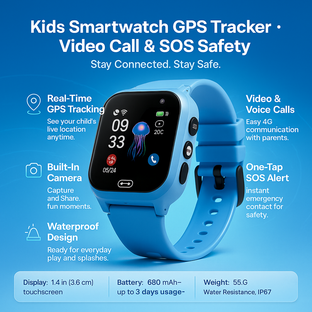 Montre intelligente pour enfants, étanche, avec fonction appel vidéo, GPS et alertes de zone de sécurité.