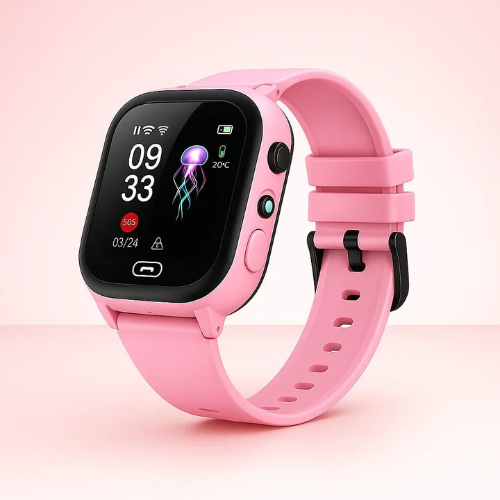 Sécurité enfant: Montre connectée GPS avec appel vidéo, fonction SOS et design robuste pour usage quotidien.