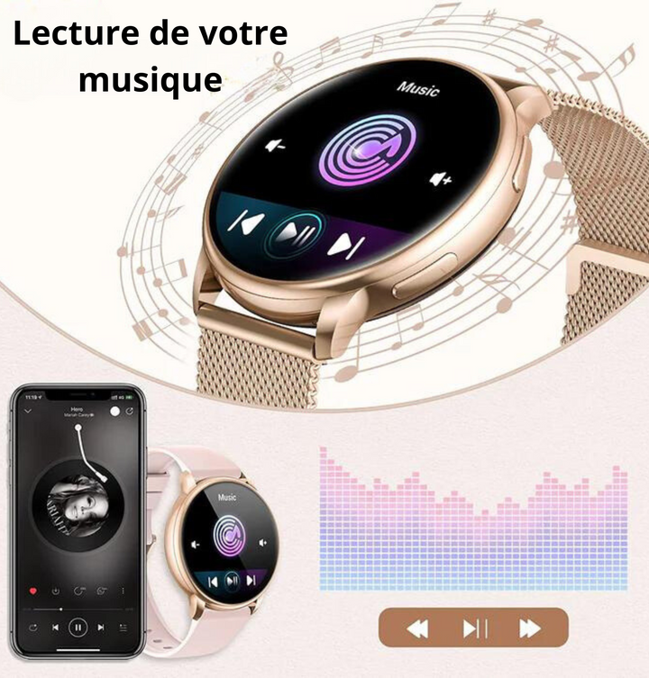 Montre connectée élégante avec écran tactile, couleurs argent et or, bracelet ajustable, s'intègre à chaque tenue.