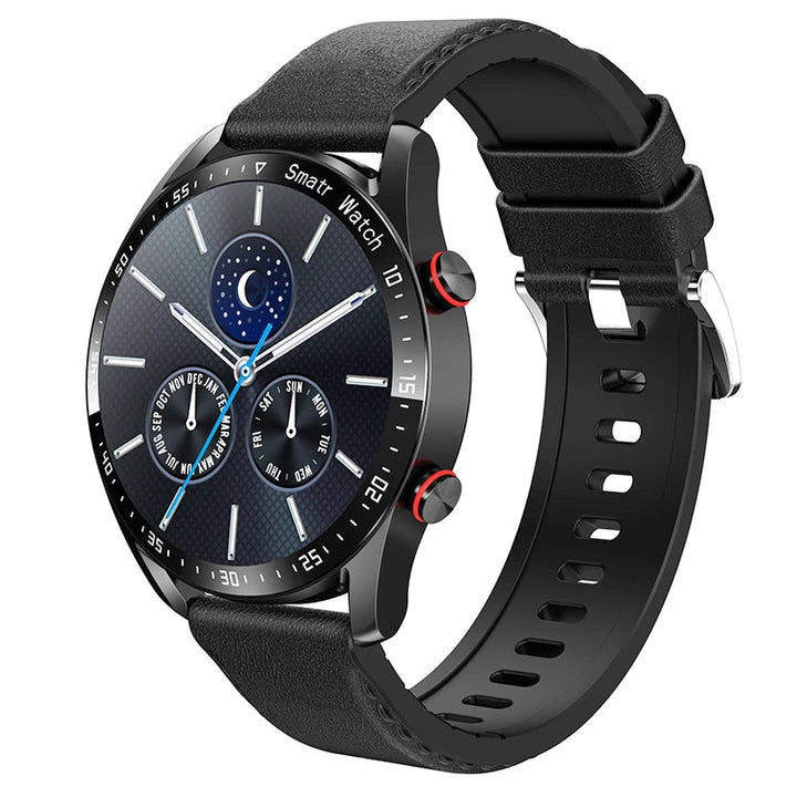"Montre connectée élégante en cuir noir, design moderne, suivis santé et glucose."