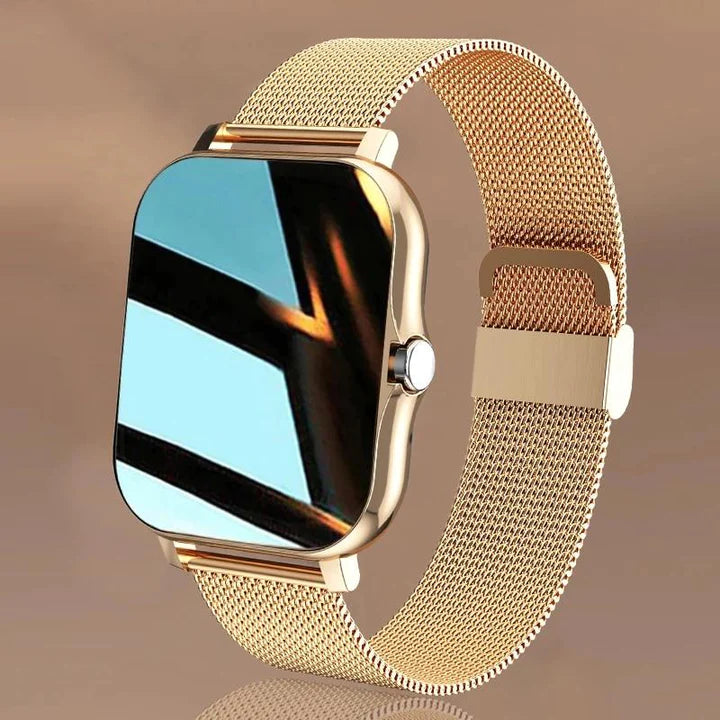 "Montre connectée élégante femme, design luxueux, couleur rose, écran tactile complet, accessoire moderne et fonctionnel"