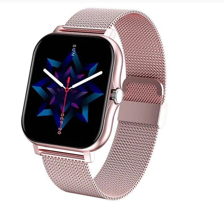 "Montre connectée élégante femme, design luxueux, couleur rose, écran tactile complet, accessoire moderne et fonctionnel"
