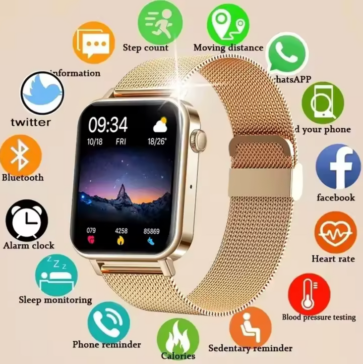 "Montre connectée élégante pour femmes en or avec bracelet fin et écran tactile, design moderne et raffiné."