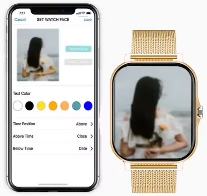"Montre connectée élégante pour femmes en or avec bracelet fin et écran tactile, design moderne et raffiné."