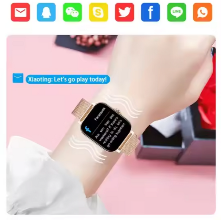 "Montre connectée élégante pour femmes en or avec bracelet fin et écran tactile, design moderne et raffiné."