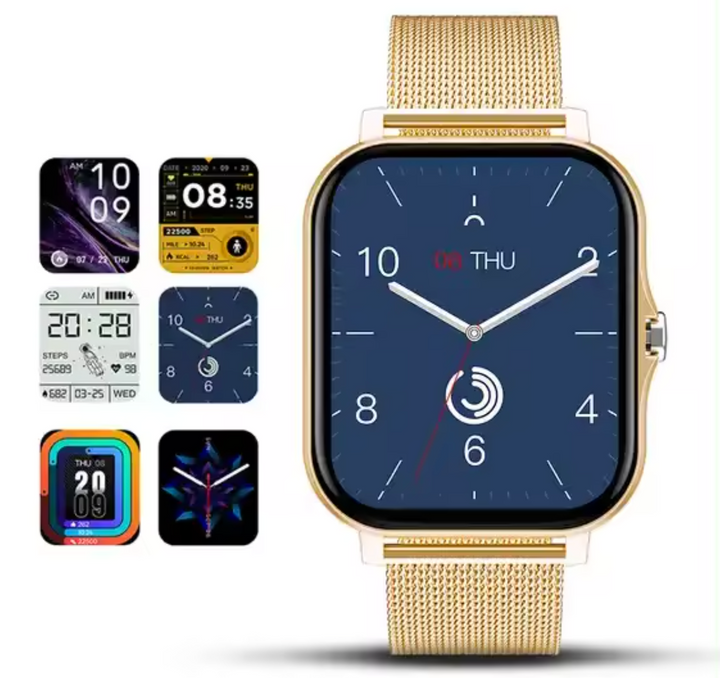 "Montre connectée élégante pour femmes en or avec bracelet fin et écran tactile, design moderne et raffiné."