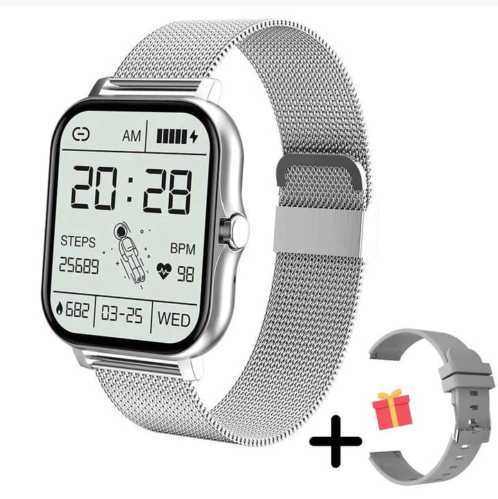 "Montre connectée élégante pour femmes en or avec bracelet fin et écran tactile, design moderne et raffiné."