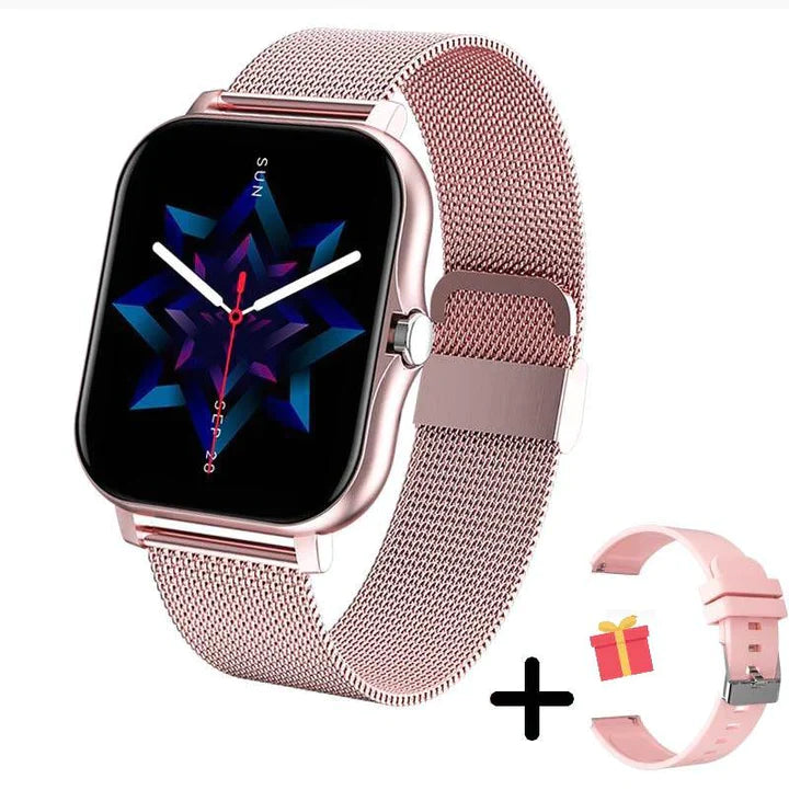 "Montre connectée élégante pour femmes en or avec bracelet fin et écran tactile, design moderne et raffiné."